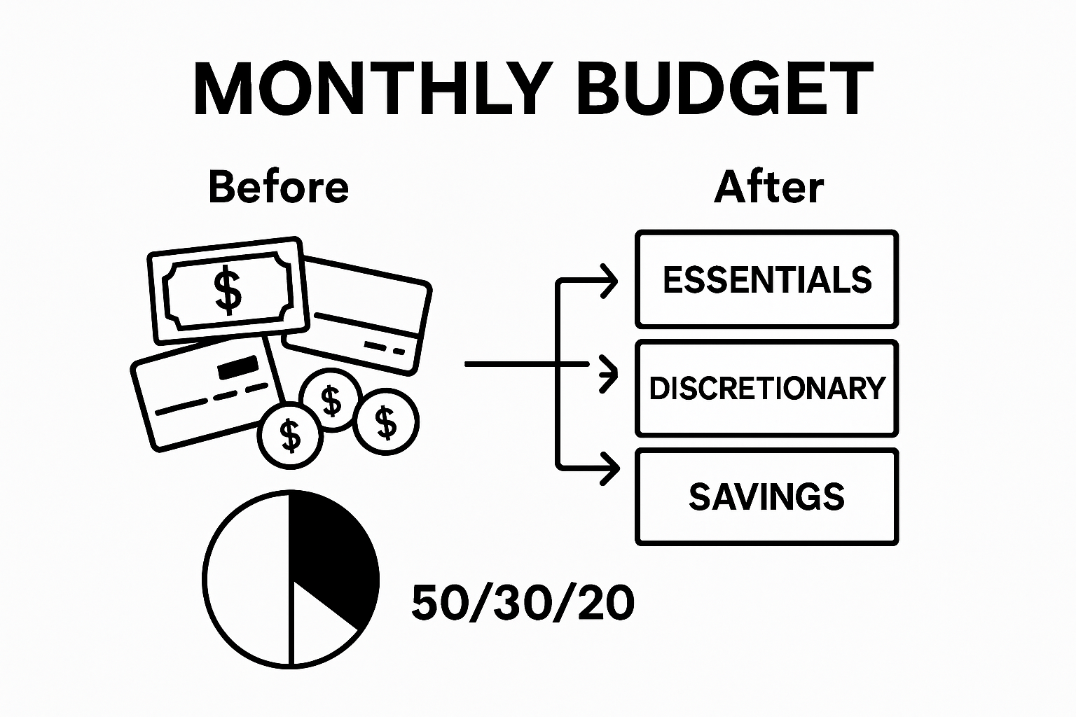 Visual comparison of messy finances versus organized 50/30/20 budget allocation