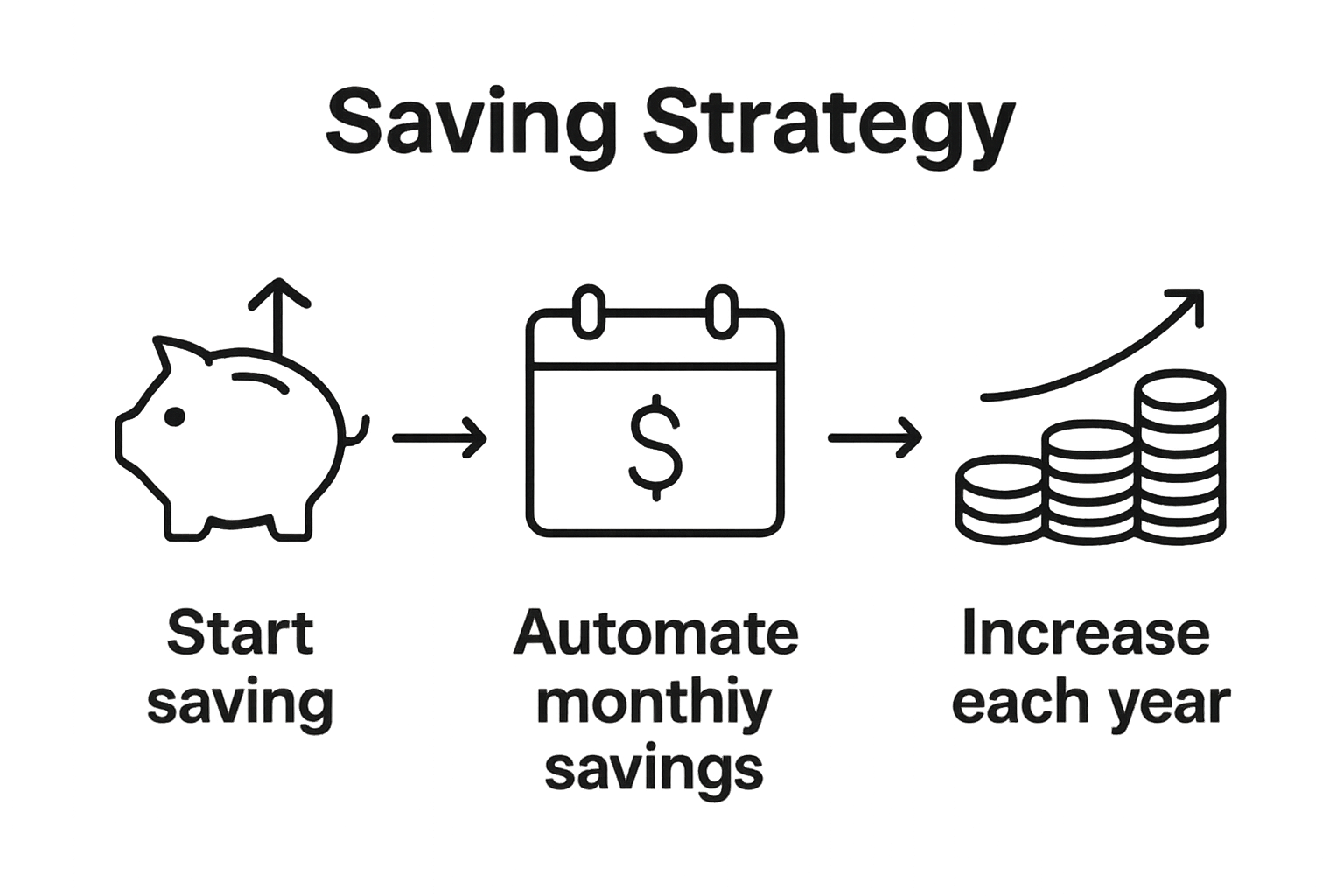Three simple icons showing steps to automate and increase retirement savings