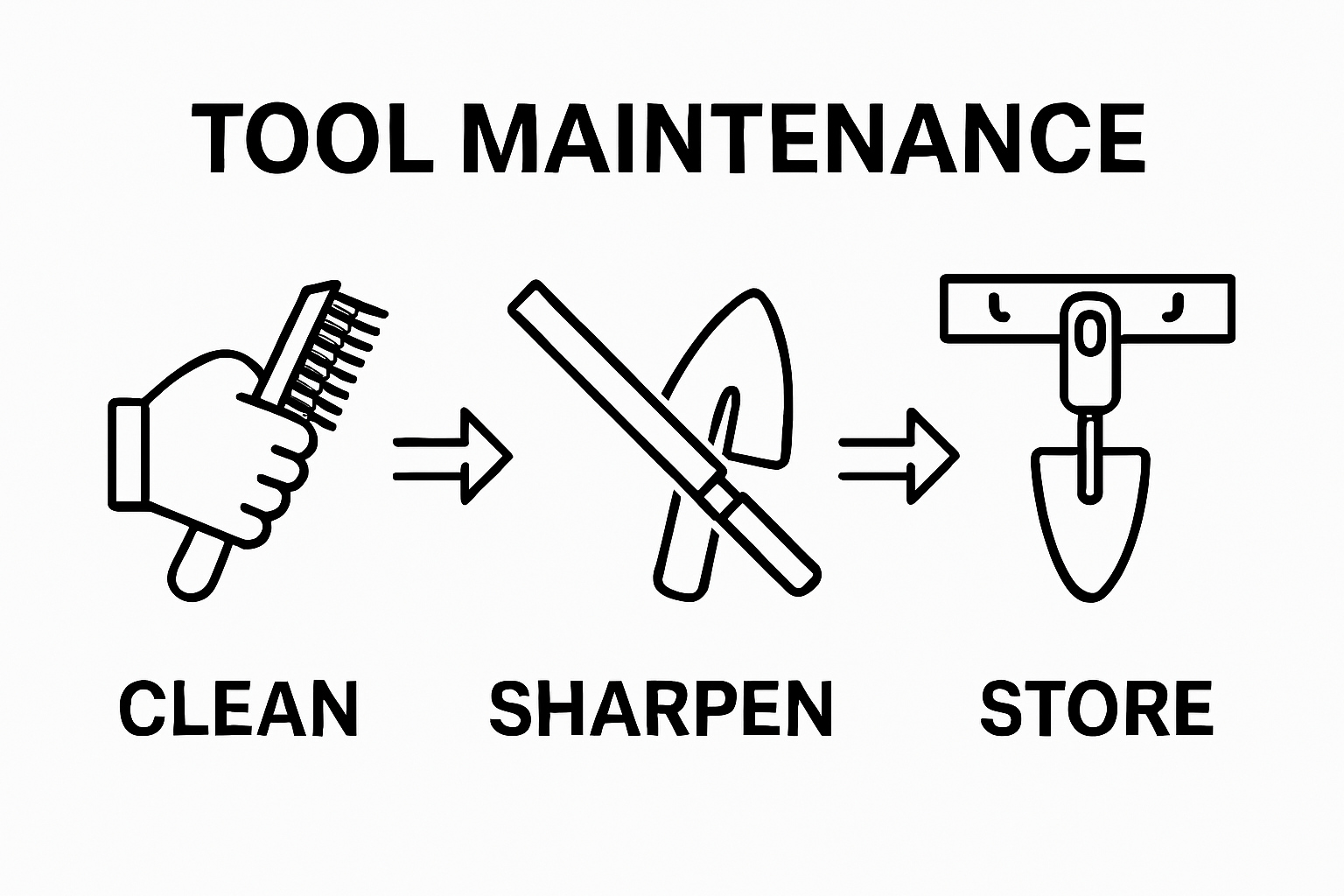 Infographic showing cleaning, sharpening, and storing garden tools in sequence