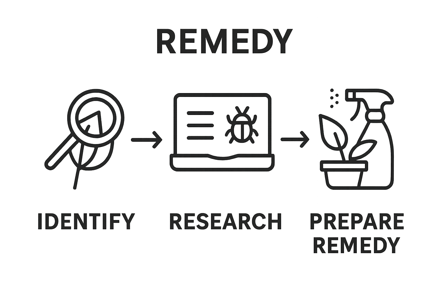 Infographic showing three icons: inspecting a plant, researching on a computer, preparing a spray solution.