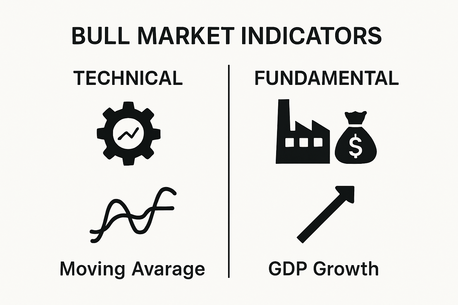 Comparison of technical vs. fundamental bull market indicators icons