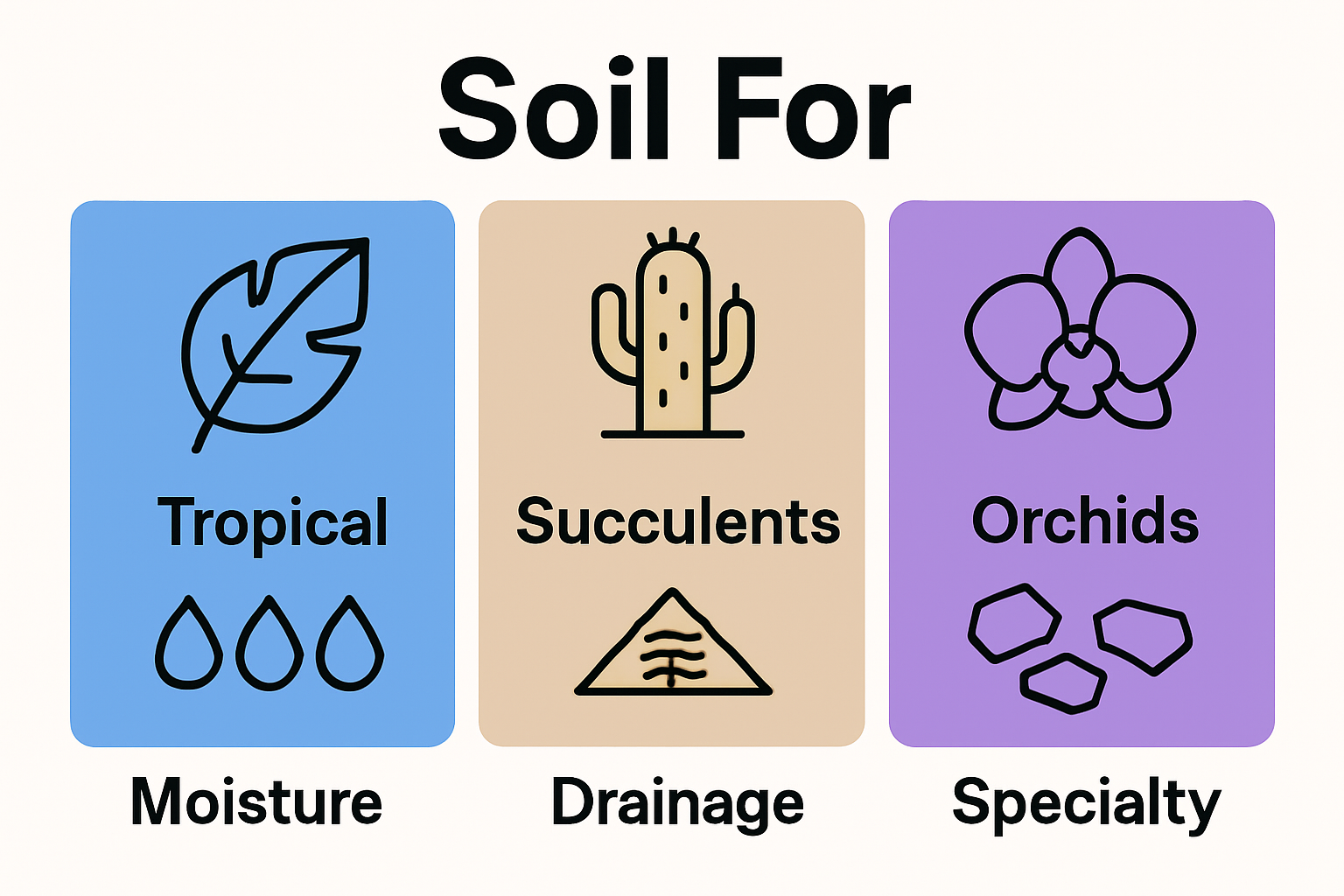 Simple graphic comparing soil types for tropical, succulent, and orchid houseplants