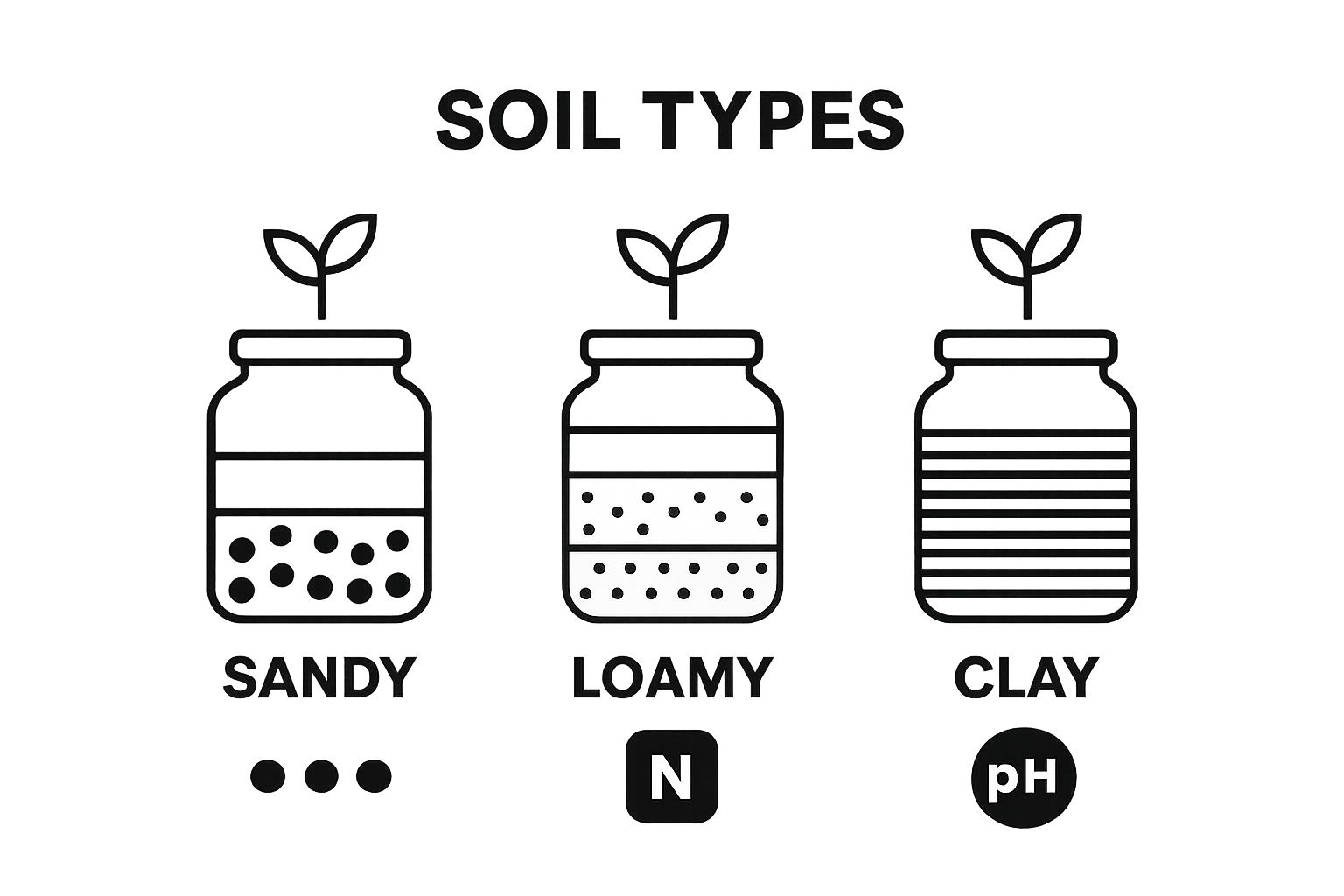 Three glass jars with visible soil layers and simple icons showing nutrient differences