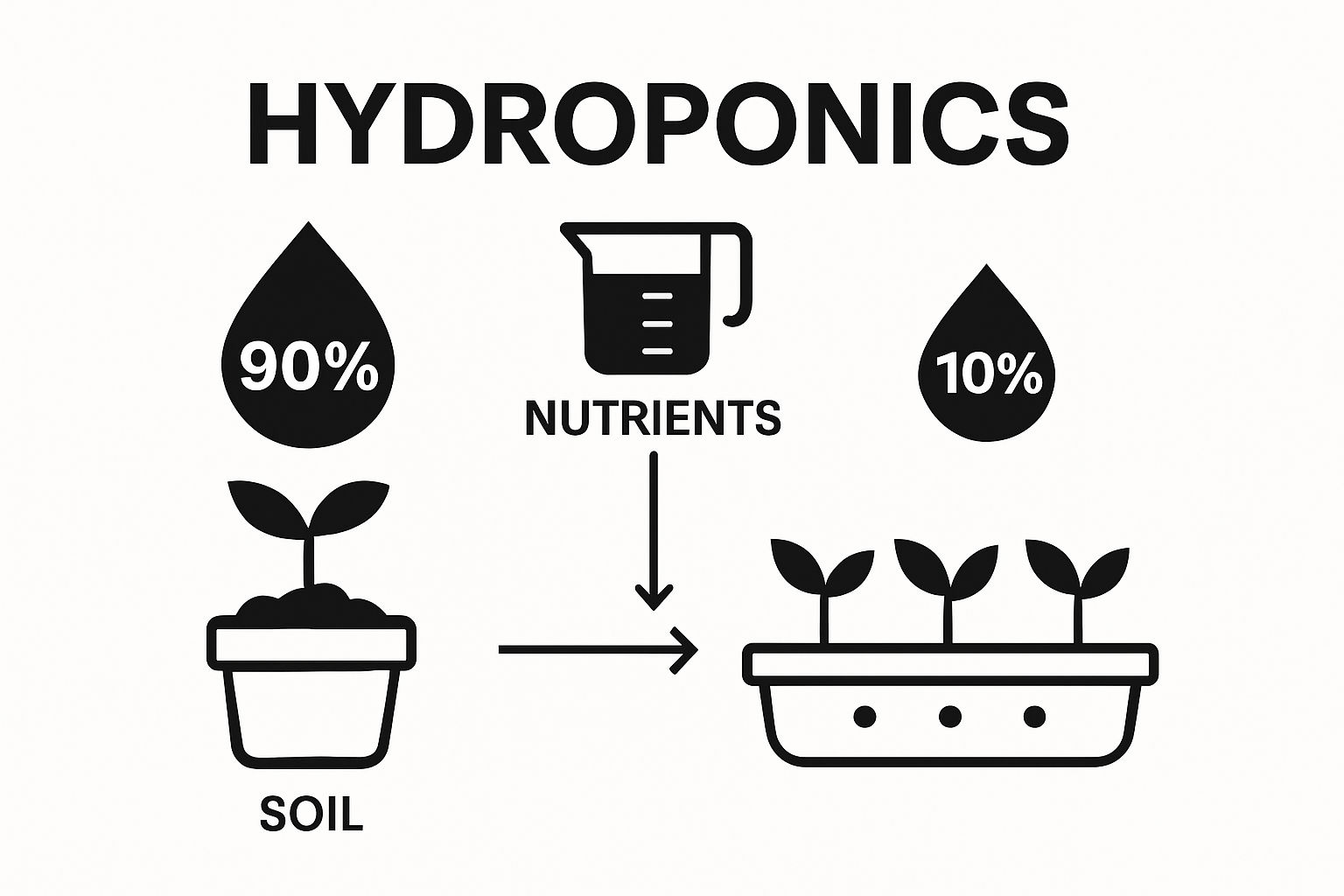 Infographic comparing water usage in hydroponics versus soil gardening