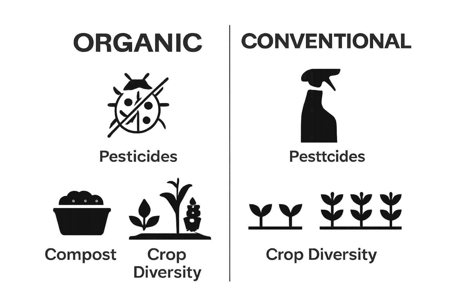 Simple infographic comparing organic and conventional gardening features