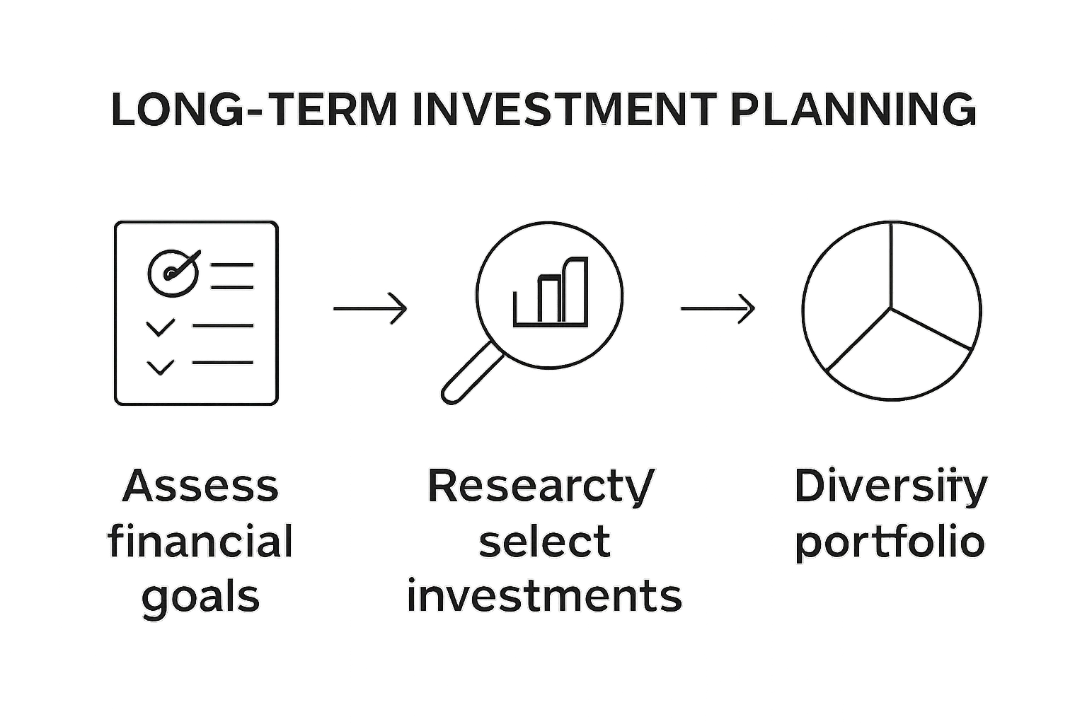 Infographic showing three main steps of long term investment planning as icons in a simple workflow.