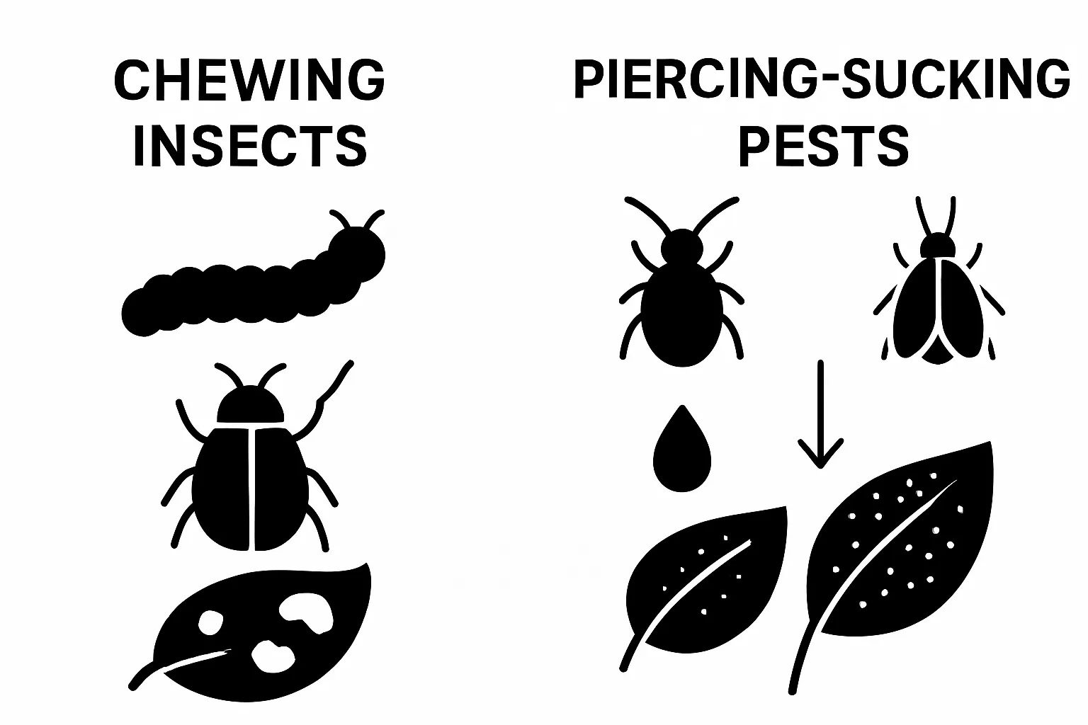 Infographic showing chewing vs. piercing-sucking garden pests