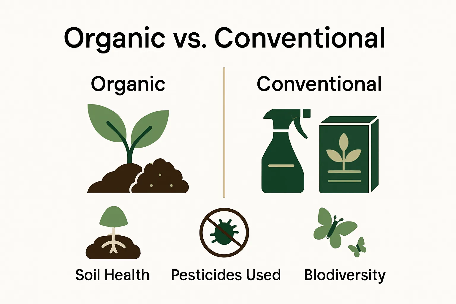 Organic vs conventional gardening comparison infographic