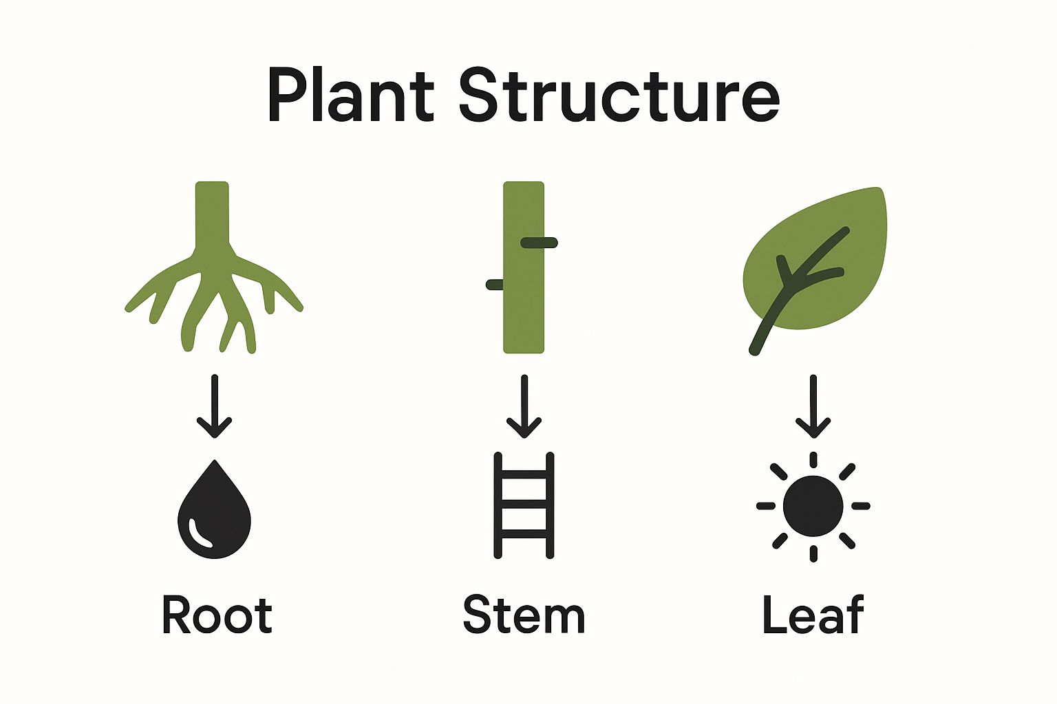 Infographic comparing roots, stems, leaves and functions