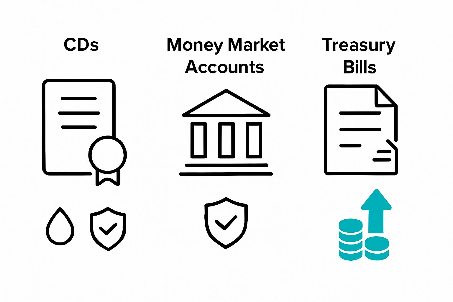 Infographic comparing CDs, Money Market Accounts, and Treasury Bills