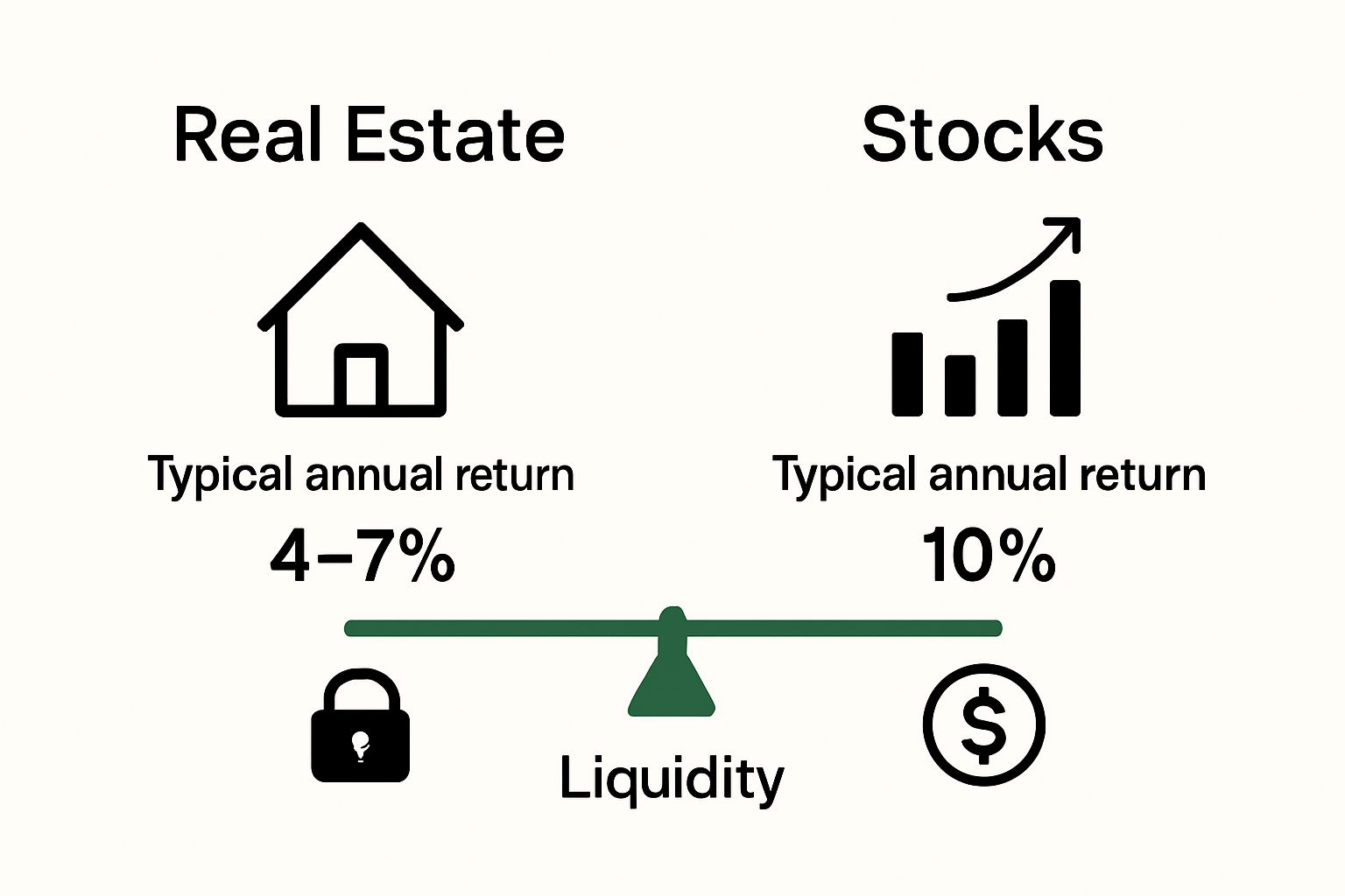 Basic real estate vs stocks side-by-side visual comparison