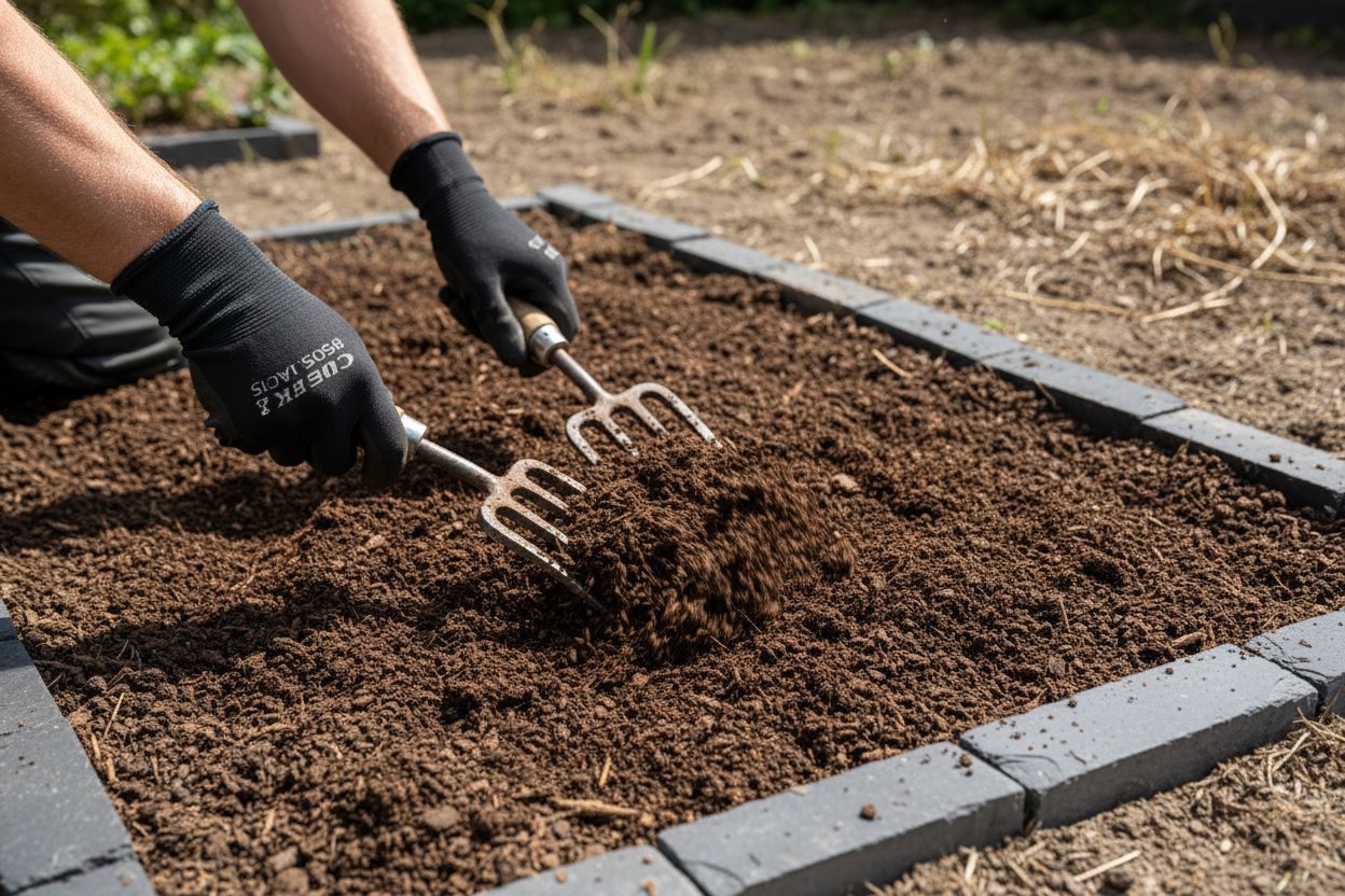 mixing compost soil