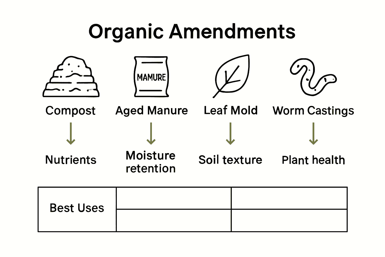 Infographic comparing four organic amendments for garden soil