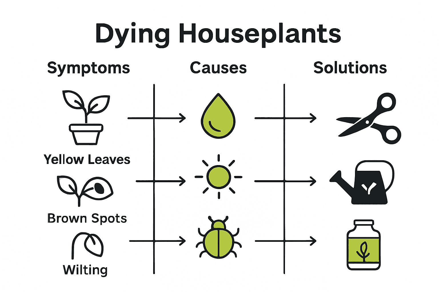 Infographic showing common symptoms, causes, and remedies for dying plants.