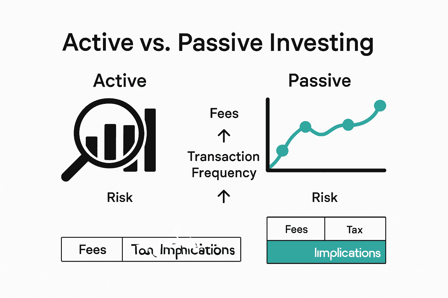 Infographic comparing active and passive investing with icons and charts.