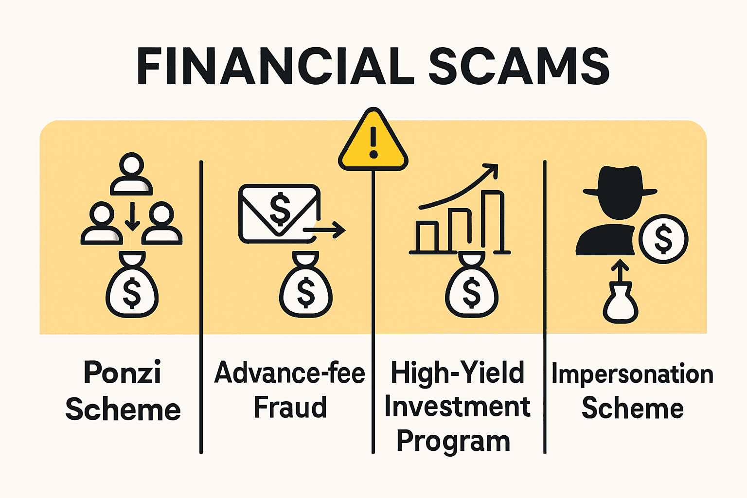 Infographic comparing main financial scam types using icons