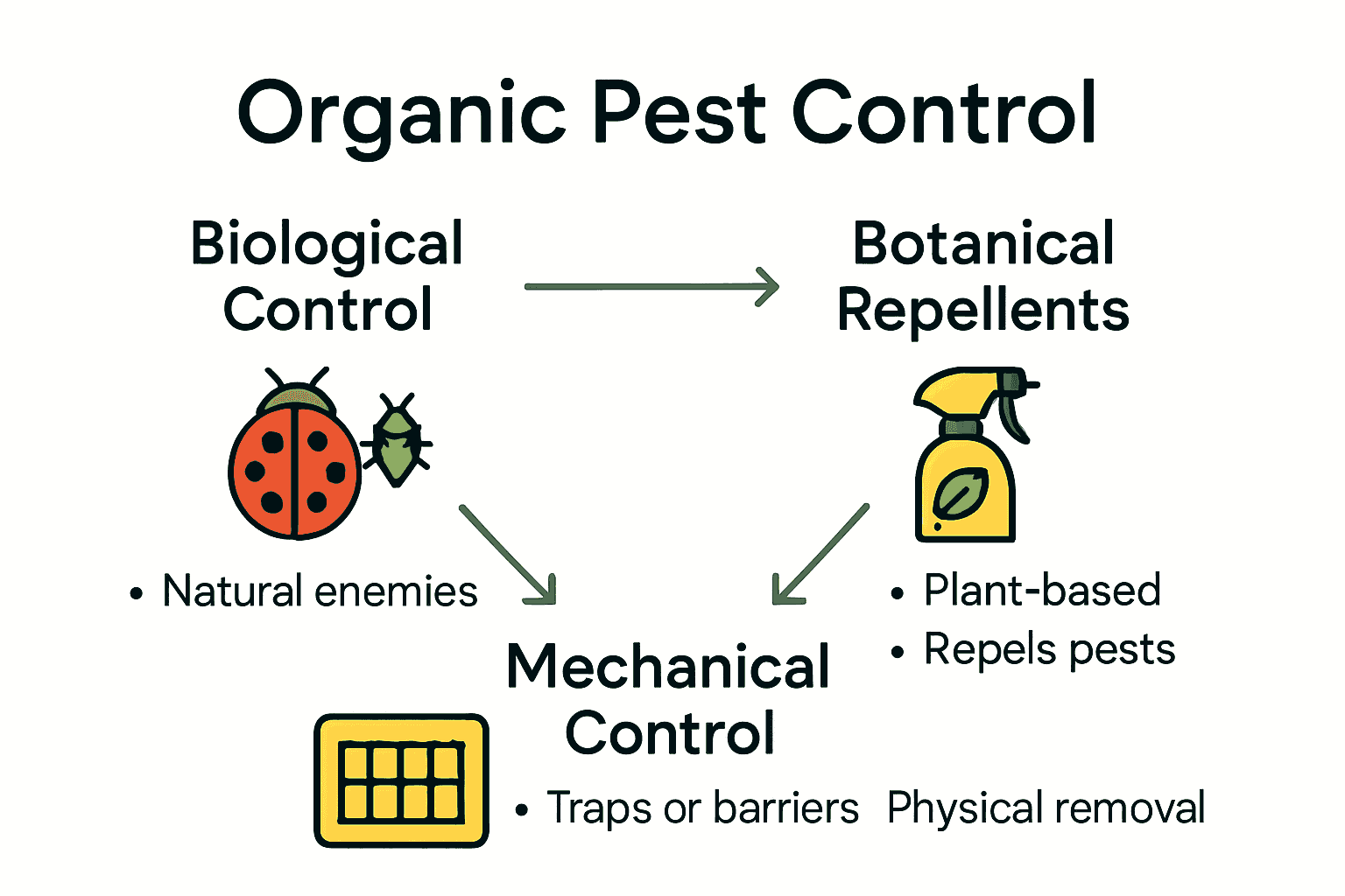 Infographic comparing organic pest control methods using icons and key benefits