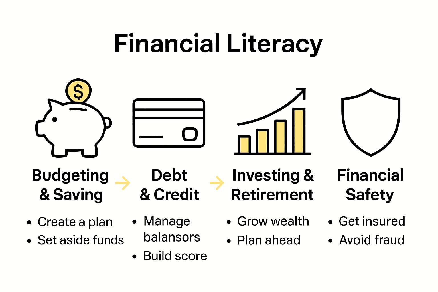 Infographic comparing budgeting, debt, investing, and safety pillars.