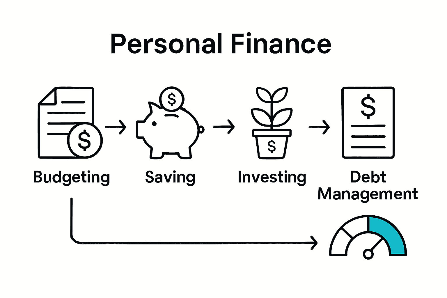 Infographic showing budgeting, saving, investing, and debt management process