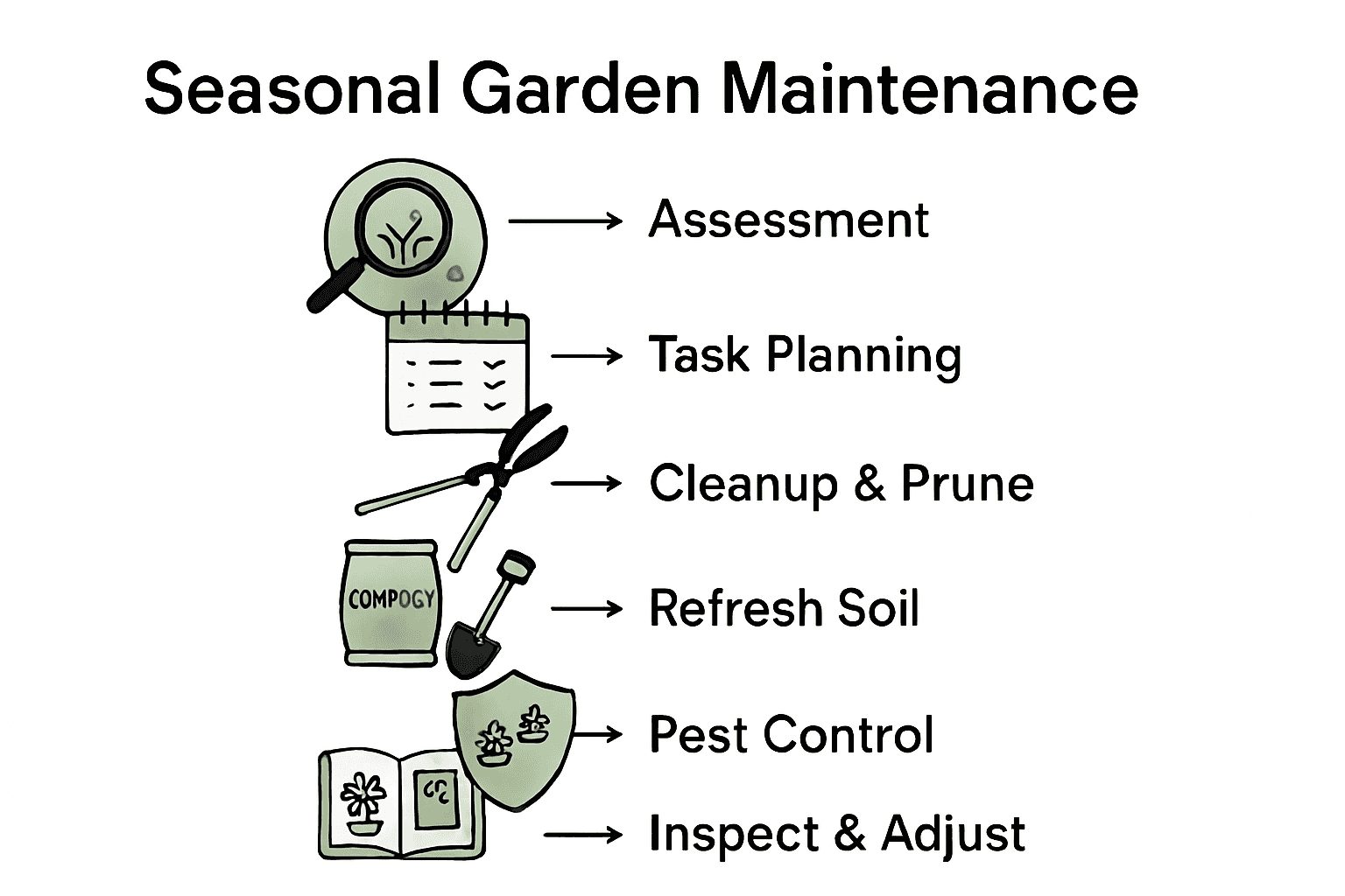 Six-step seasonal garden maintenance flowchart with icons
