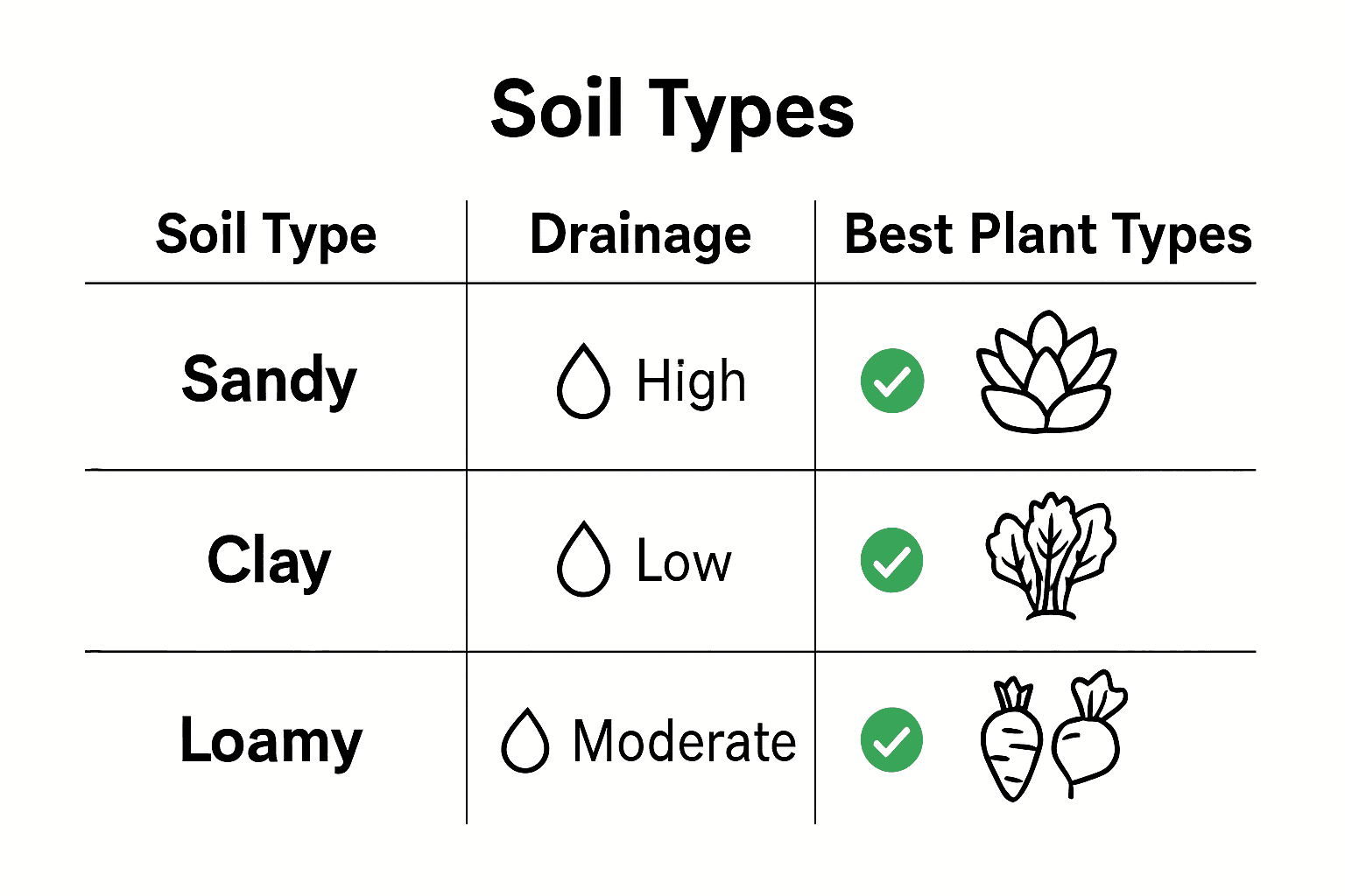Comparison infographic of sandy, clay, and loamy soil for plant suitability