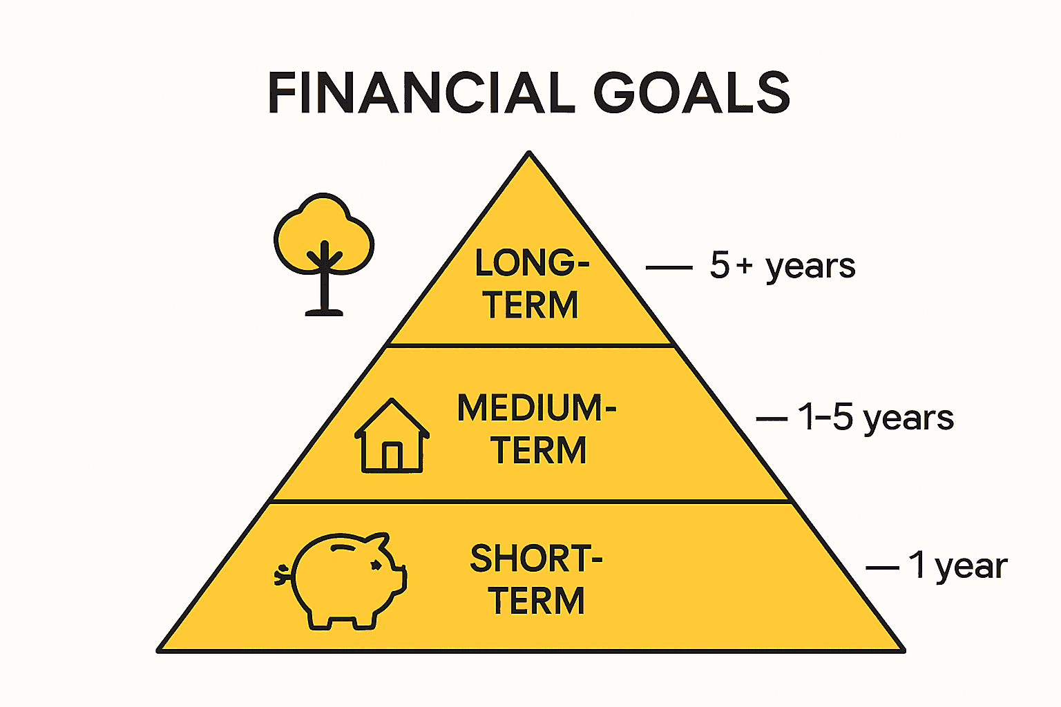 Infographic pyramid showing short, medium, and long-term financial goals with icons.