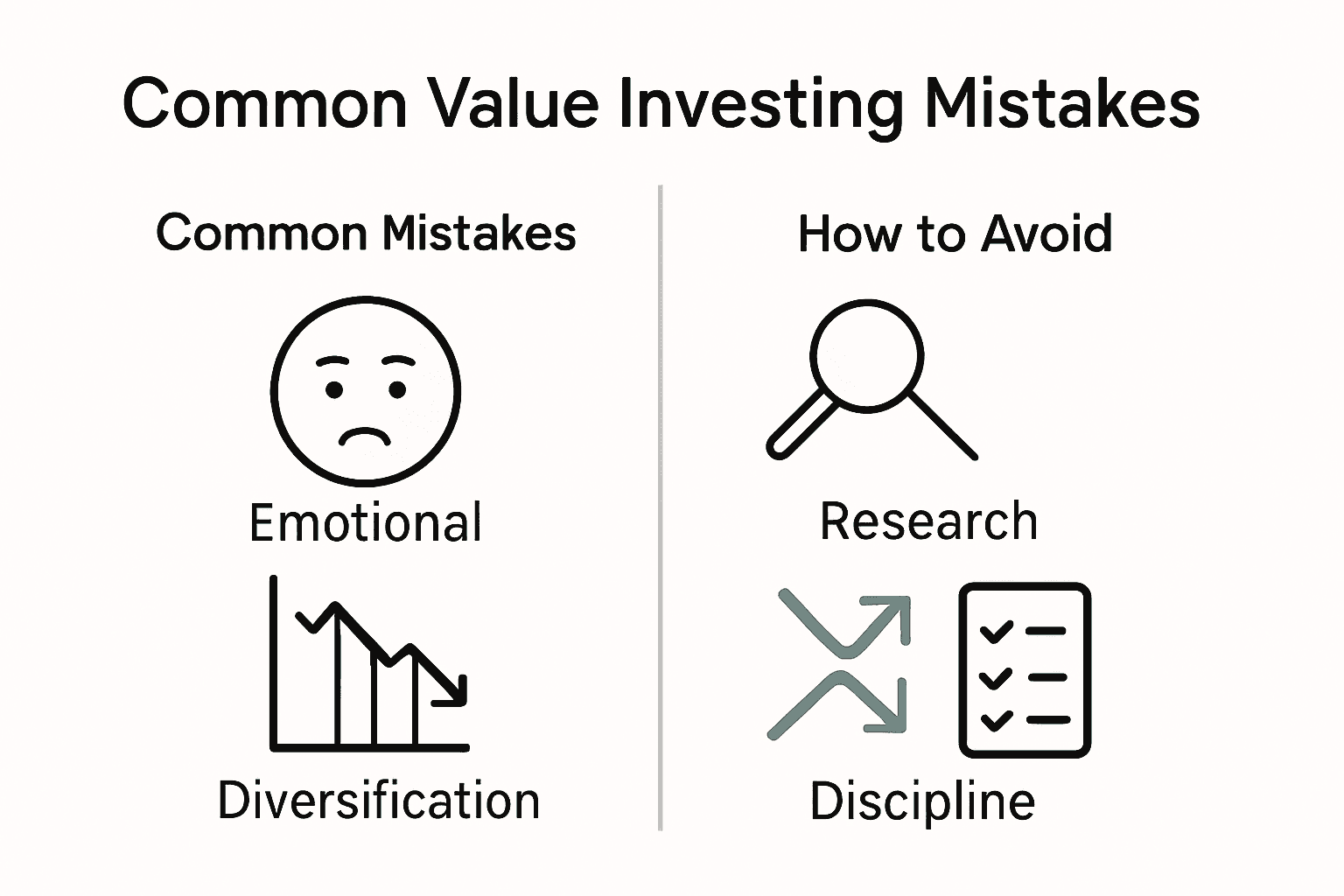 Infographic comparing value investing mistakes and solutions.