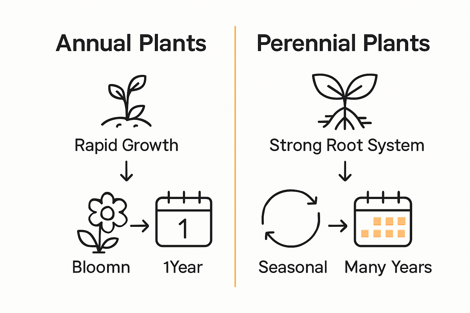 Comparison infographic of annual and perennial plant lifecycles and care