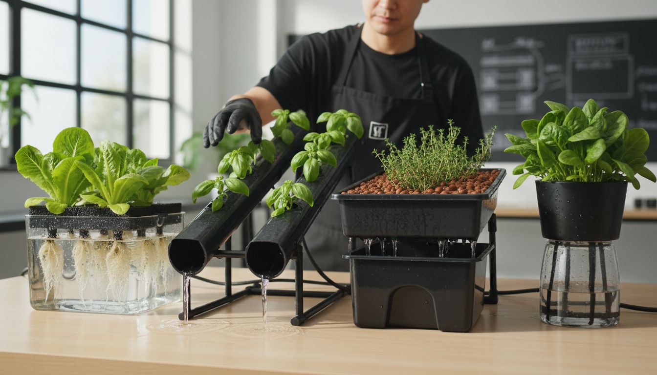 Various hydroponic systems growing healthy plants