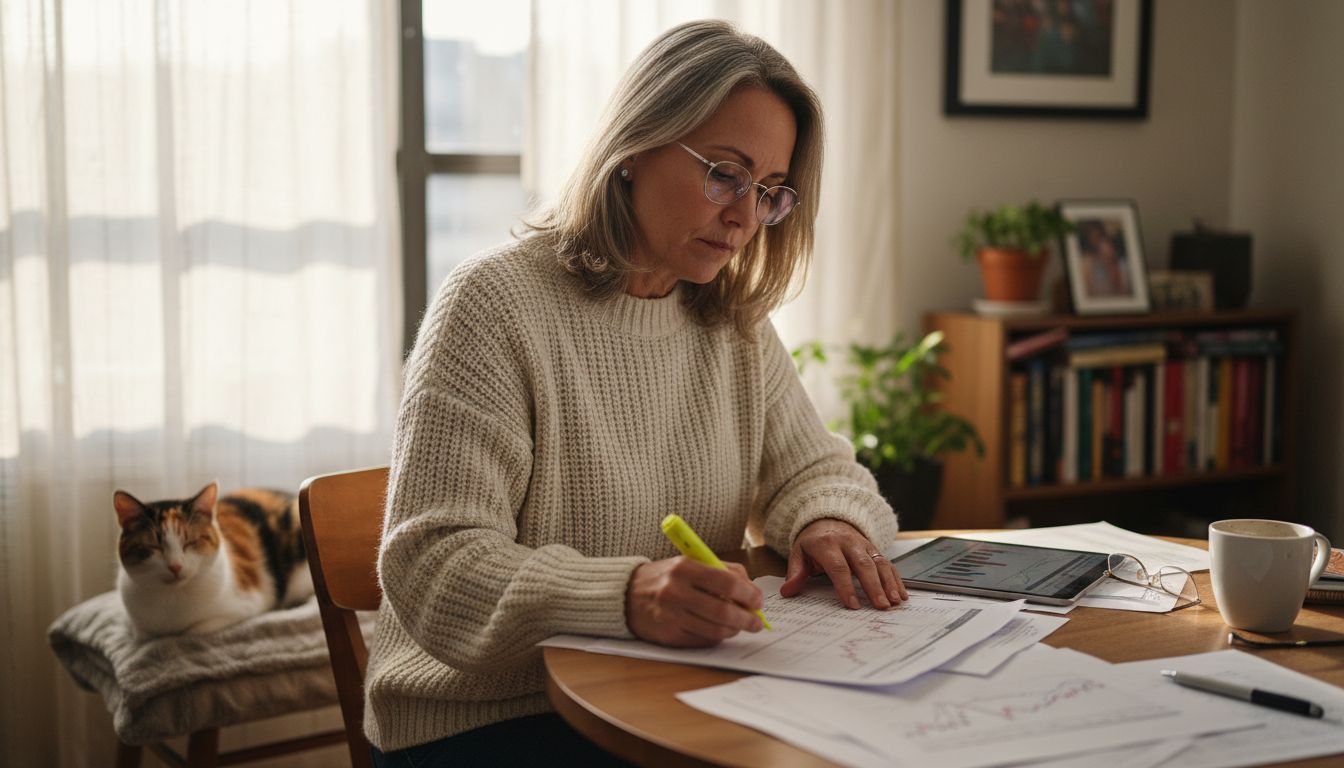 Woman studying printed stock reports at table