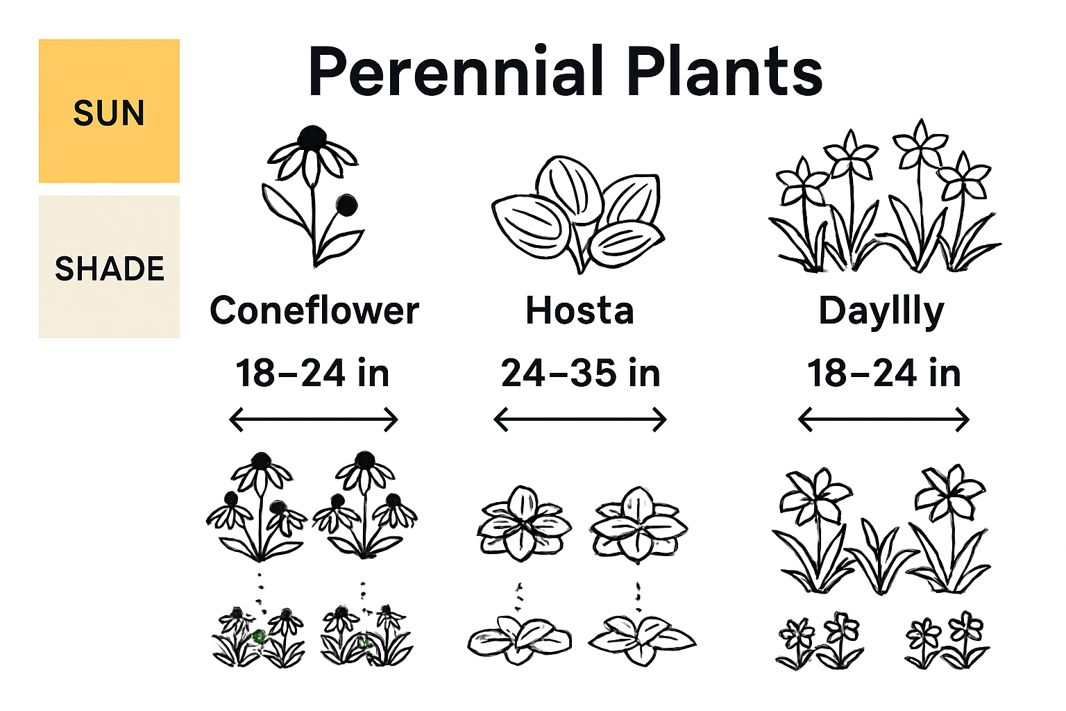 Infographic showing perennial spacing and sunlight