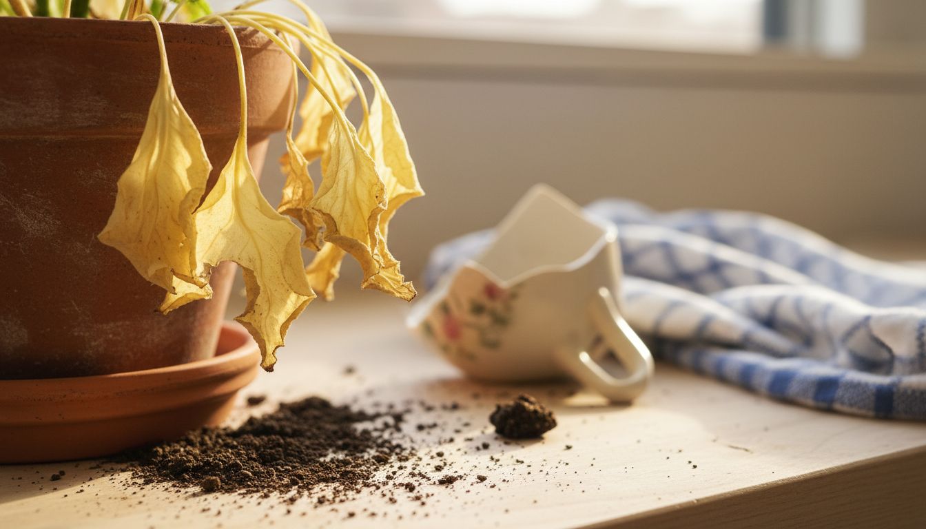 Yellowed plant leaves and soil details