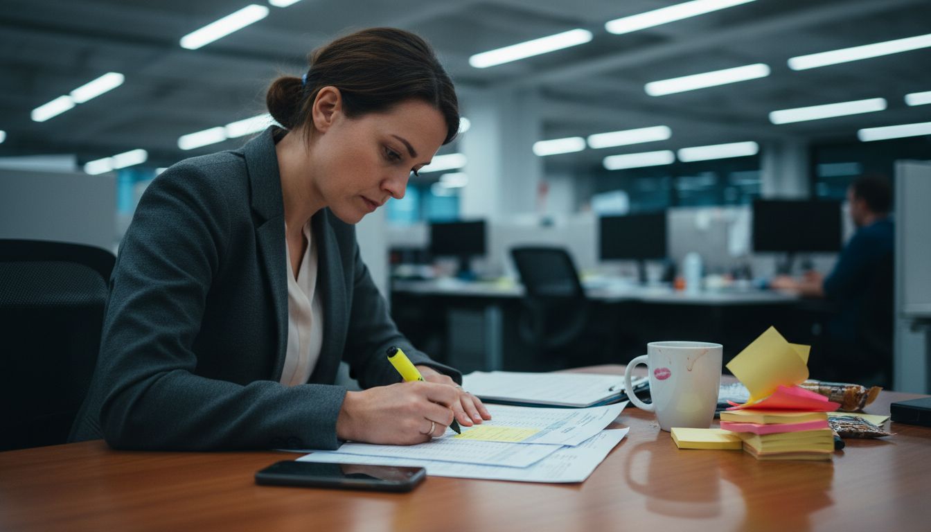 Worker highlighting balance sheet at cluttered desk