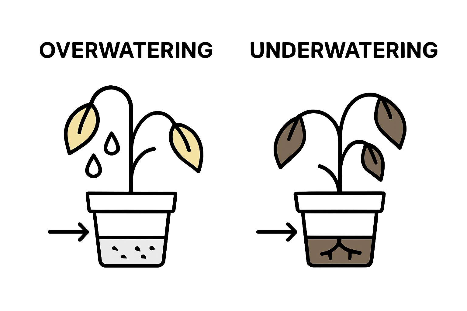Comparison: overwatered vs underwatered plants