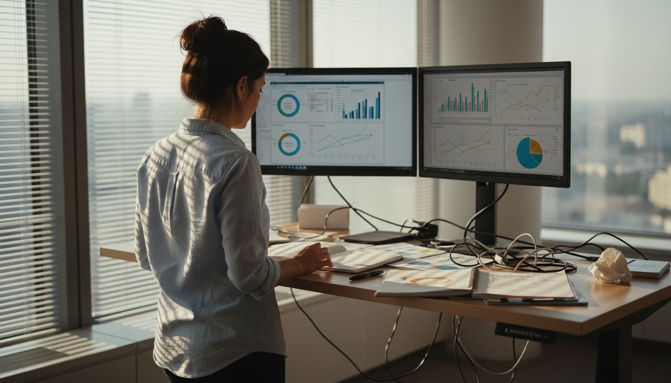 Analyst studying digital charts in office