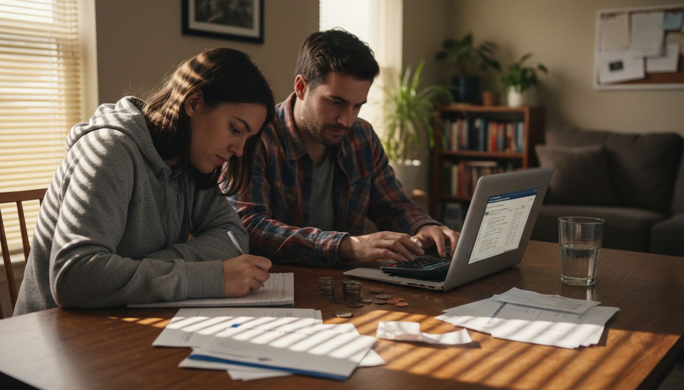 Couple discussing emergency fund at kitchen table