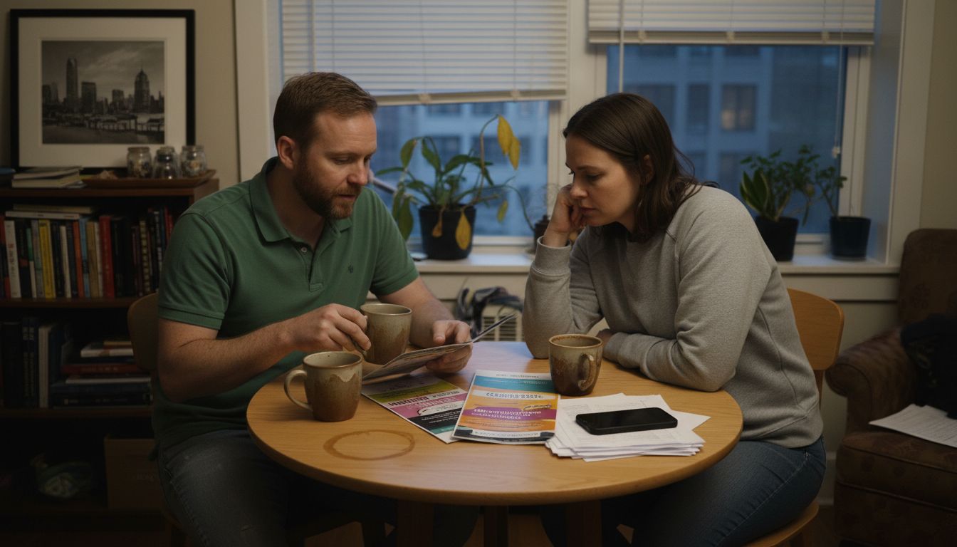 Couple discussing investments in apartment kitchen