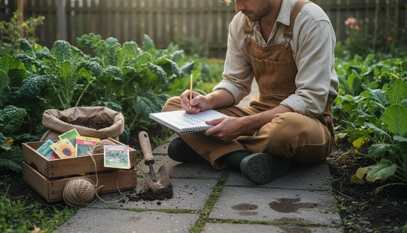 Gardener taking notes in vegetable garden