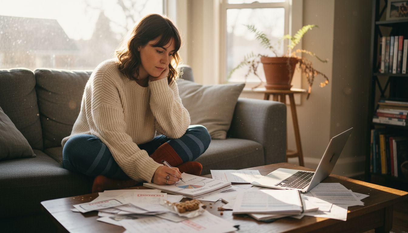 Woman prioritizing finances on living room couch
