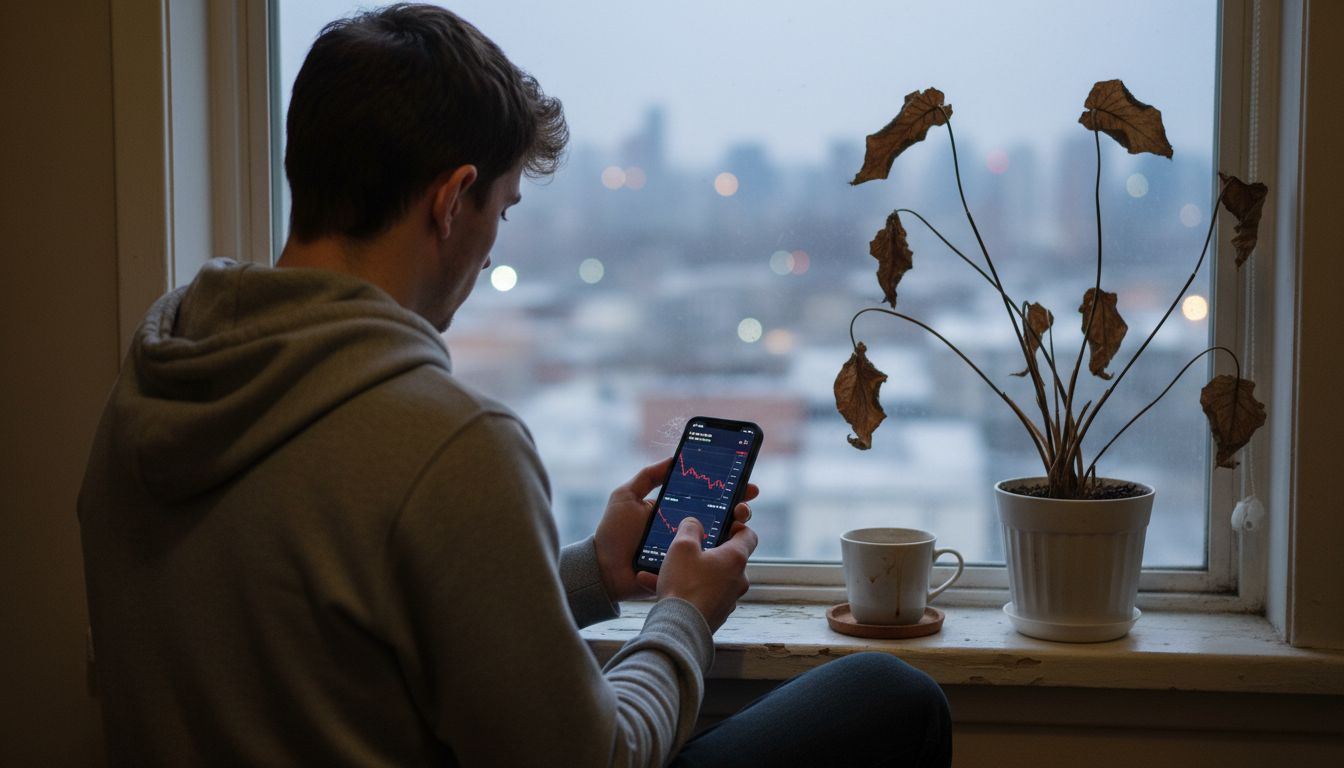 Investor monitoring stock prices on phone at home