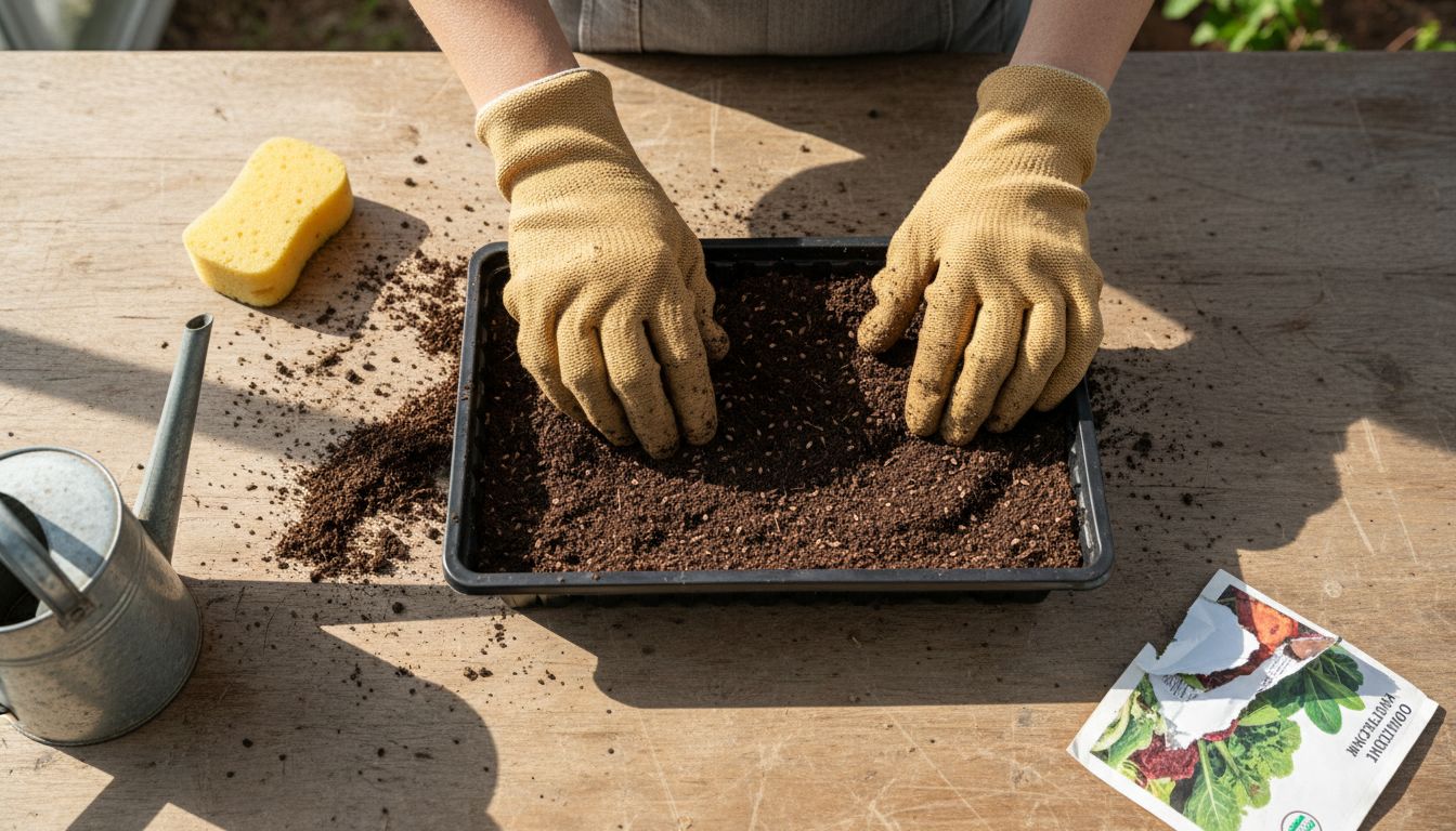 Spreading soil in tray for microgreens