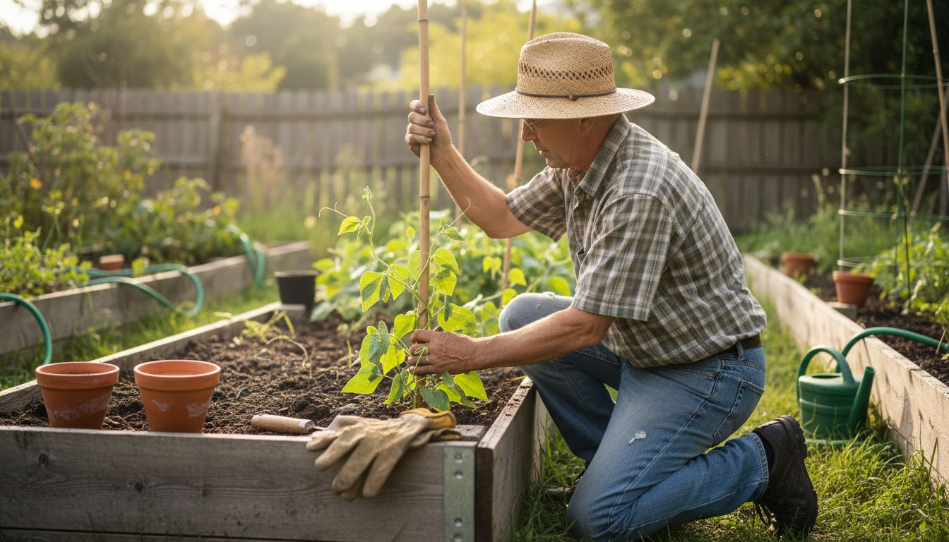 Man installing bamboo support in garden