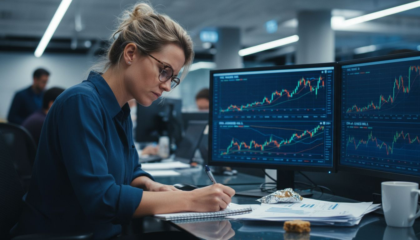 Investor monitoring multiple screens in workspace