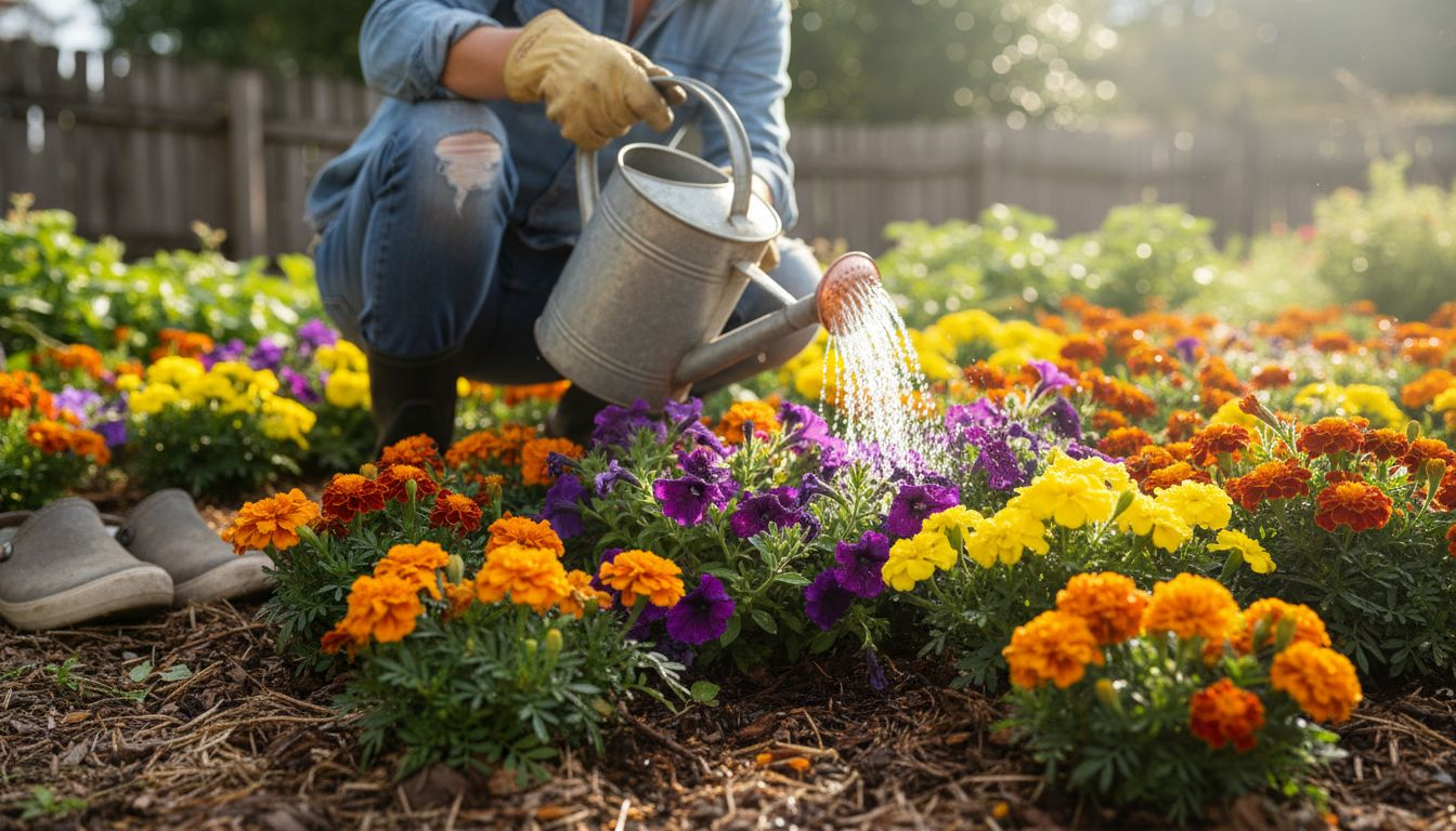 Annual flowers blooming with gardener watering