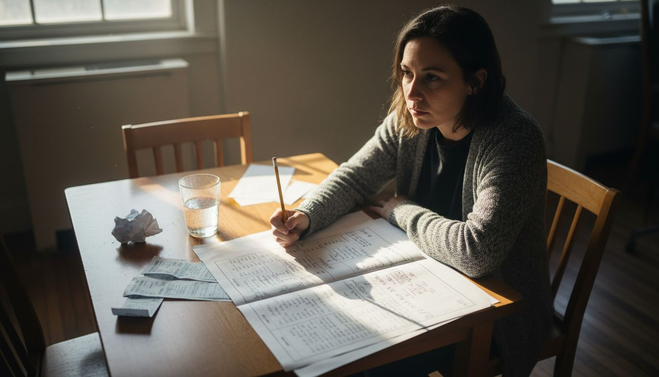 Woman analyzing bond risks at kitchen table