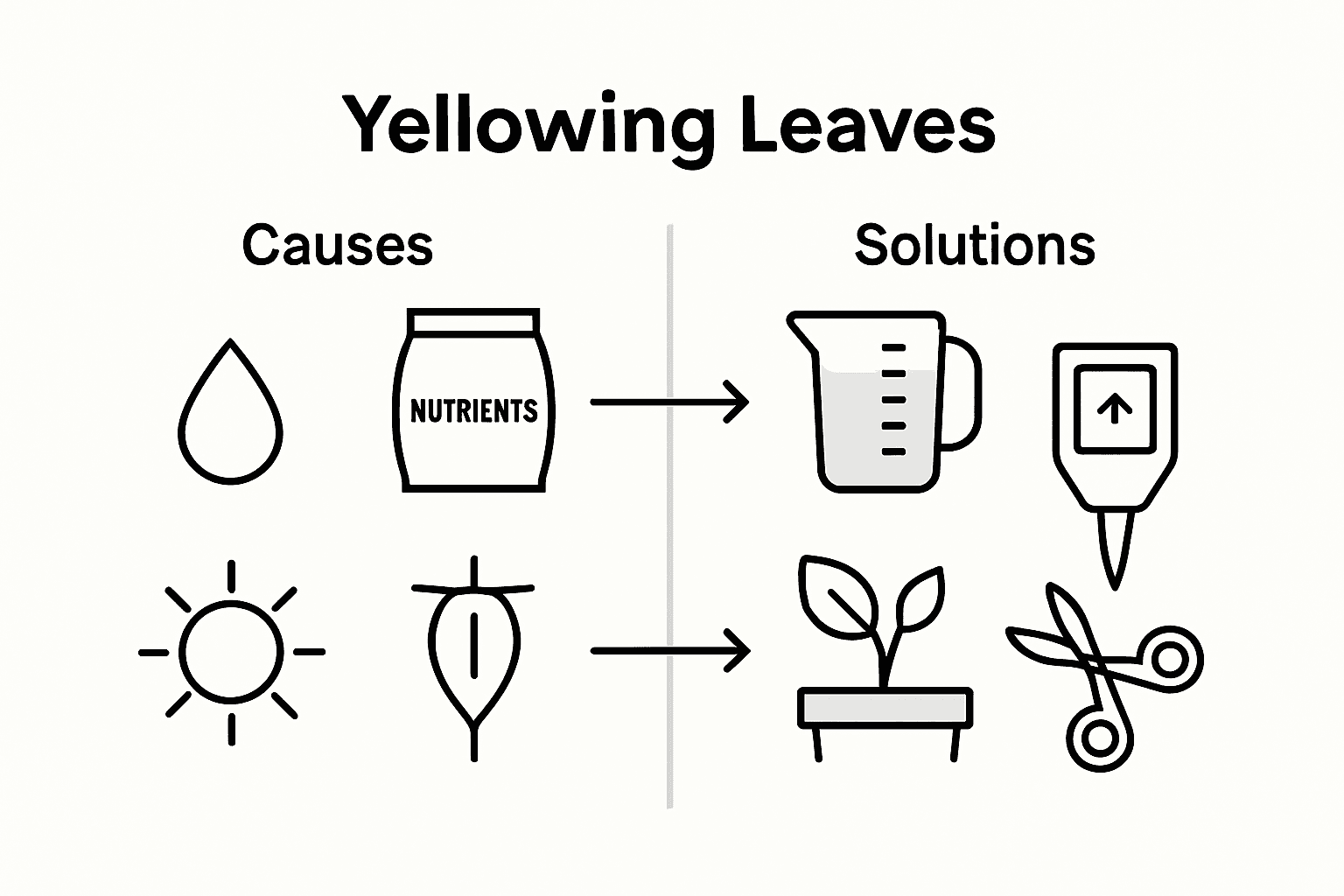 Infographic comparing yellow leaf causes and fixes