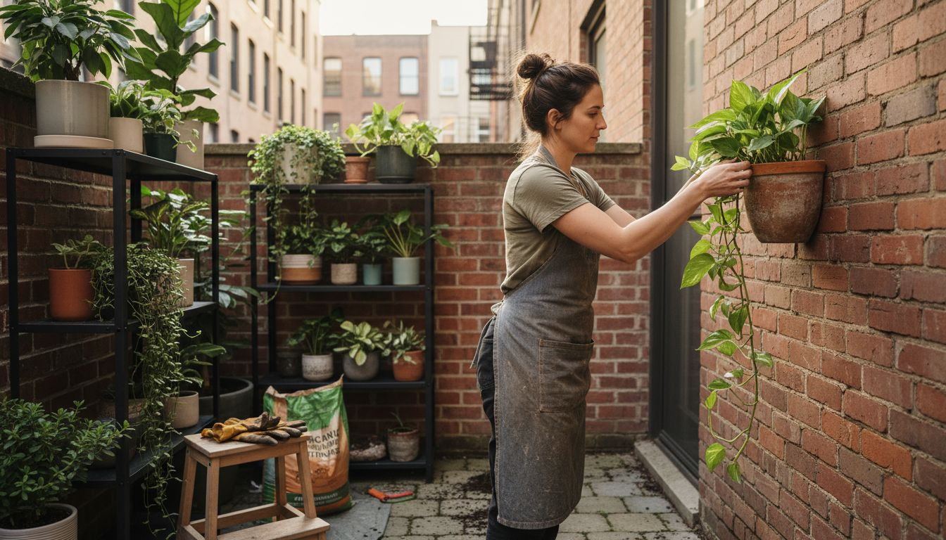 Urban patio showing vertical garden setup