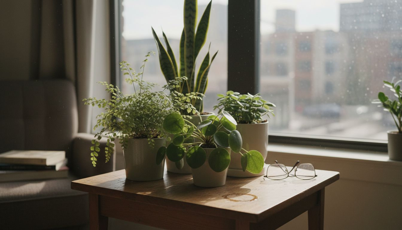 Cluster of textured houseplants in apartment