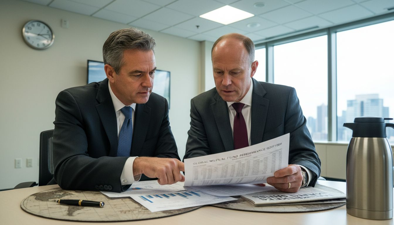 Businessmen discussing global mutual fund data