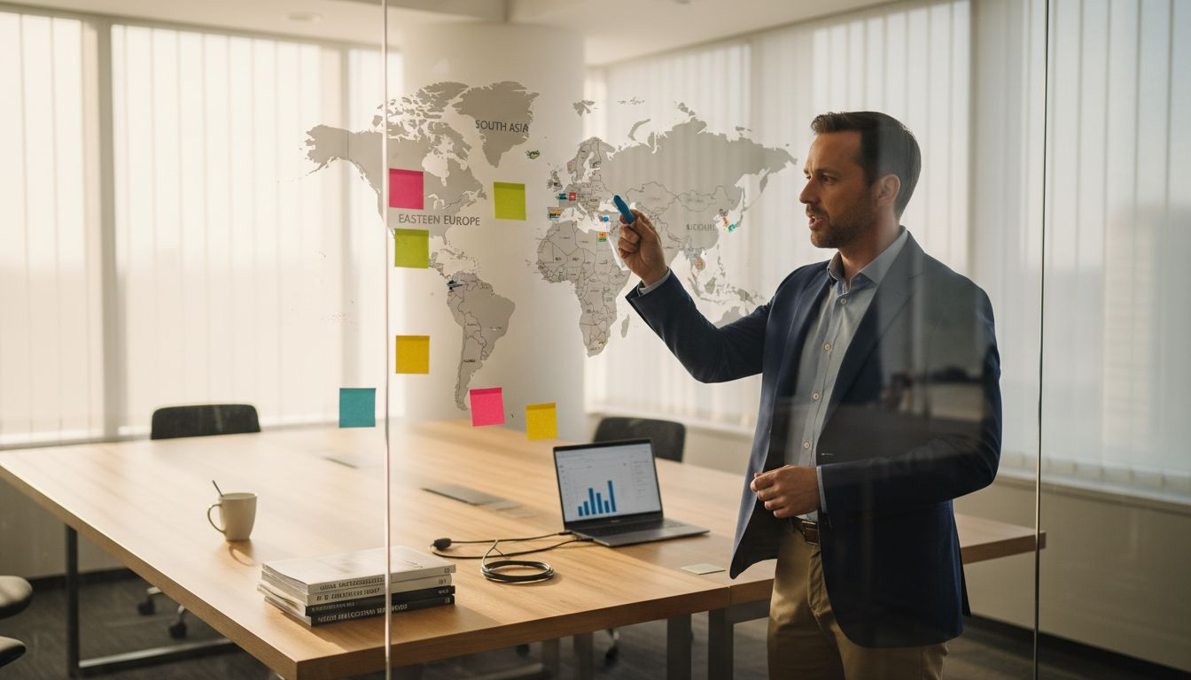 Economist explains regions on office wall map